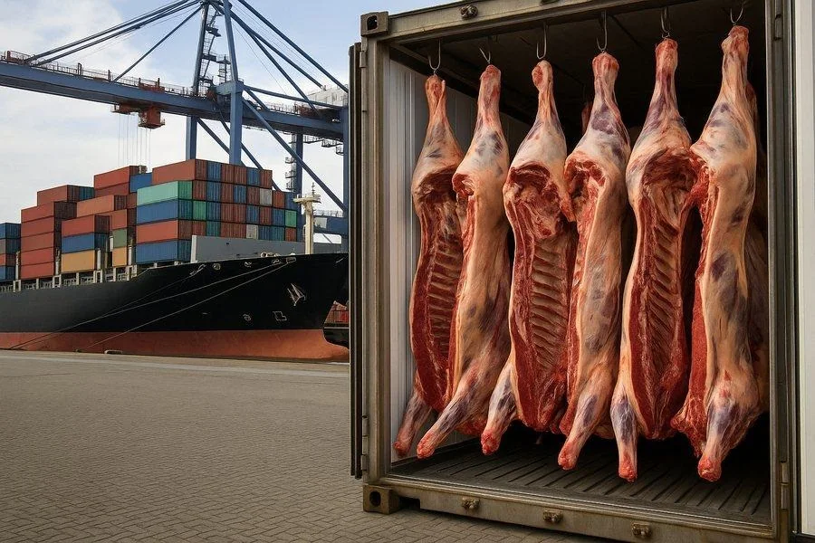 Refrigerated meat container beside international cargo operations
